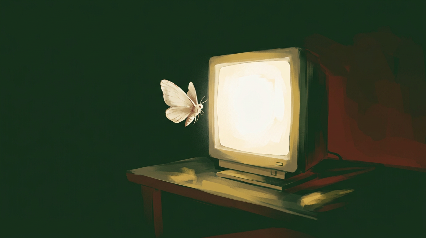 A pale moth drawn toward a single glowing screen in the dark, the landscape behind it unlit.